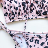Ruffle Short Sleeve Leopard Triangle Tie Side 2 Piece Swimsuit