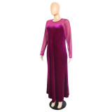 Plus Size Purple Mesh Splice Velvet Maxi Dress