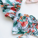 Ruffle Short Sleeve Floral Triangle Tie Side 2 Piece Swimsuit