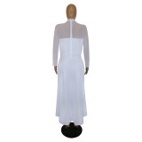 Plus Size White Mesh Splice Mock Neck Maxi Dress
