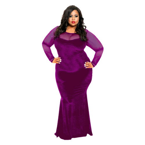 Plus Size Purple Mesh Splice Velvet Maxi Dress