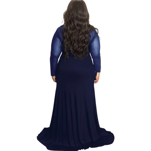 Plus Size Navy Mesh Splice Mock Neck Maxi Dress