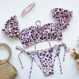 Ruffle Short Sleeve Leopard Triangle Tie Side 2 Piece Swimsuit