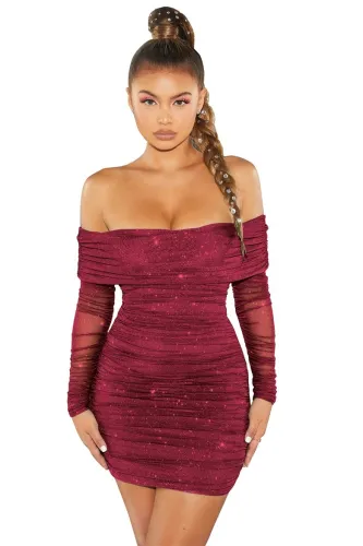 Sequin Burgundy Off Shoulder Ruched Slinky Mini Dress
