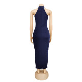 Rhinestone Embellished Navy Halter Long Bodycon Dress