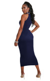 Rhinestone Embellished Navy Halter Long Bodycon Dress