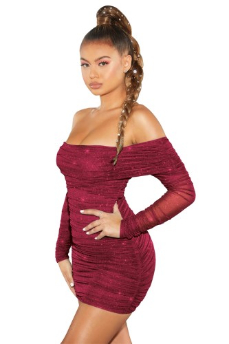 Sequin Burgundy Off Shoulder Ruched Slinky Mini Dress