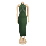 Rhinestone Embellished Green Halter Bodycon Long Dress