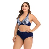 Plus Size Print Navy Underwire Drawstring Bikini Set