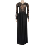 Black See Through Lace Bodice Keyhole Slit Evening Dress