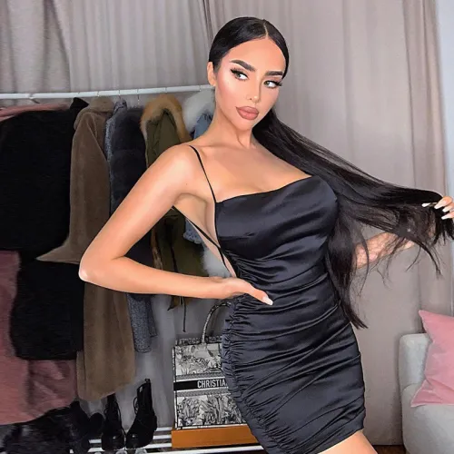 Black Silky Backless Ruched Mini Cami Dress