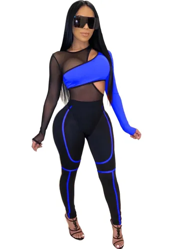 Mesh Splice Blue Paneled Long Sleeve Bodysuit and Pants