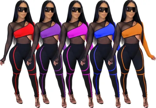 Mesh Splice Orange Paneled Long Sleeve Bodysuit and Pants