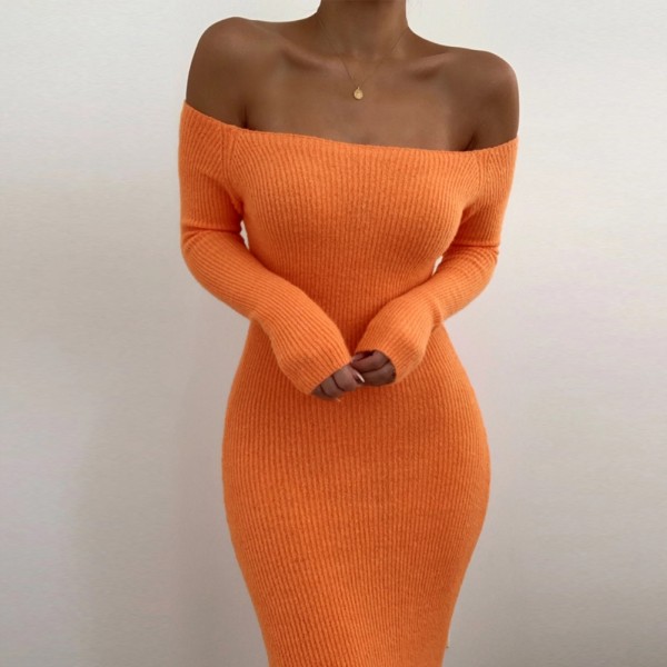 Off Shoulder Orange Knitting Bodycon Maxi Dress On Sale For US 5.89