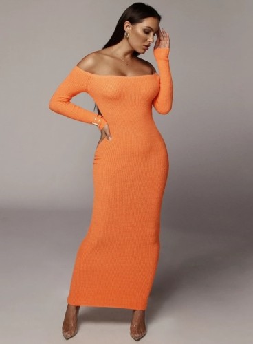Off Shoulder Orange Knitting Bodycon Maxi Dress