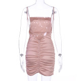 Pink Silky Backless Ruched Mini Cami Dress