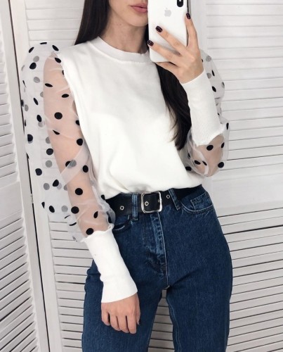 White Knit Top with Dot Mesh Sleeves