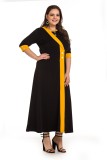 Plus Size Half Sleeve Black Long Dress with Contrast Detail