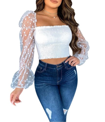 Shirred White Crop Top with Dot Mesh Sleeve
