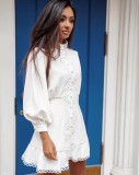 White Hollow Out Lace Detail Ruffle Dress