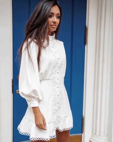 White Hollow Out Lace Detail Ruffle Dress