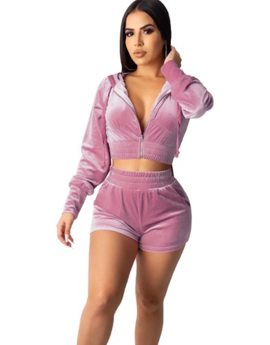 Pink Velvet Hooded Zipper Jacket and Shorts Set