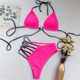 Hot Pink Strappy Hollow Out High Waist Bikini Set