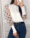 White Knit Top with Dot Mesh Sleeves