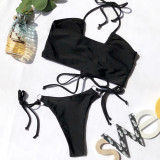 Black Drawstring Top with Tie Sides Bottom Bikini Set