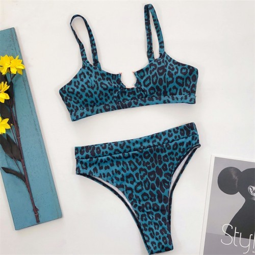 Blue Leopard Print U-Ring Bikini Set