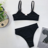 U-Ring Black Plain Color High Waist Bikini Set