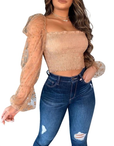Shirred Apricot Crop Top with Dot Mesh Sleeve