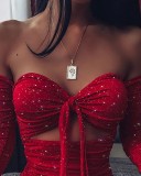 Glitter Red Off Shoulder Cutout Tie Front Mini Dress