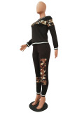 Contrast Leopard Panel Black Pullover Sweatsuit