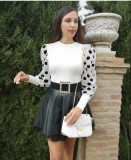 White Knit Top with Dot Mesh Sleeves