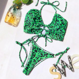 Green Leopard Drawstrings Tie Sides Bikini Set