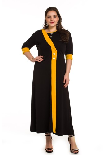 Plus Size Half Sleeve Black Long Dress with Contrast Detail