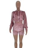 Pink Velvet Hooded Zipper Jacket and Shorts Set
