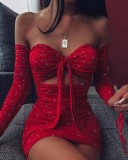 Glitter Red Off Shoulder Cutout Tie Front Mini Dress
