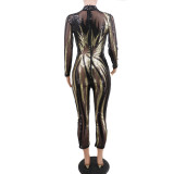 Sequin Mesh Black & Gold Long Sleeve Bodycon Jumpsuit 