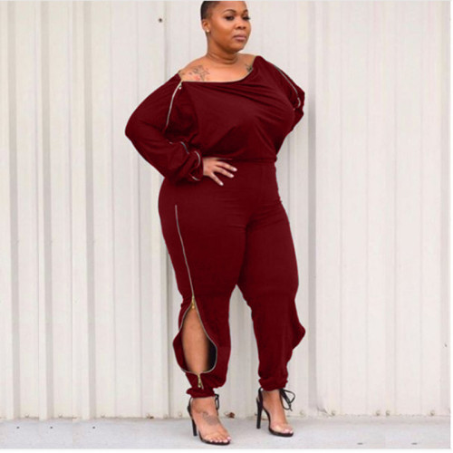 Plus Size Burgundy Zipper Trim Casual Jumpsuit