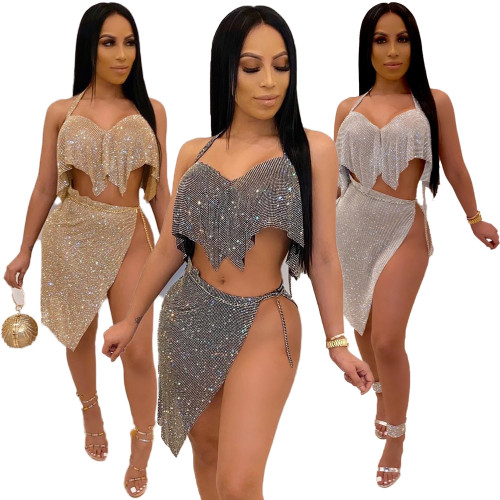 Bling Bling Club Top and Slit Skirt Two Piece Set