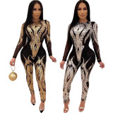 Sequin Embellished Black & Silver Sexy Long Sleeve Jumpsuit