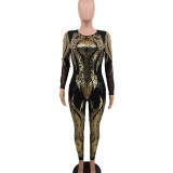 Sequin Embellished Black & Gold Long Sleeve Sexy Jumpsuit