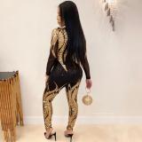 Sequin Embellished Black & Gold Long Sleeve Sexy Jumpsuit