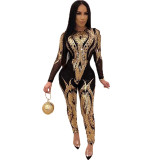 Sequin Embellished Black & Gold Long Sleeve Sexy Jumpsuit