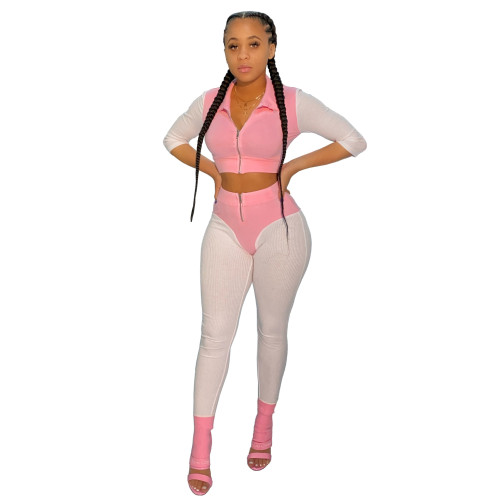 White & Pink Full Sleeve Crop Top and Pants Set