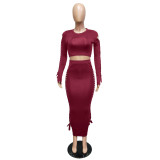 Sexy Hollow Out Burgundy Crop Top and Maxi Dress