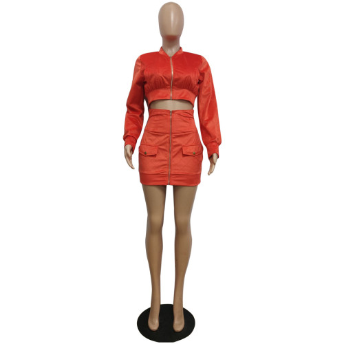 Velvet Orange Zipper Short Jacket and Mini Skirt Set
