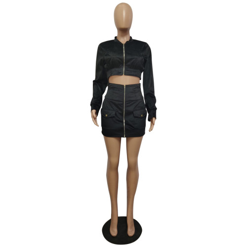 Black Velvet Zipper Short Jacket and Mini Skirt Set